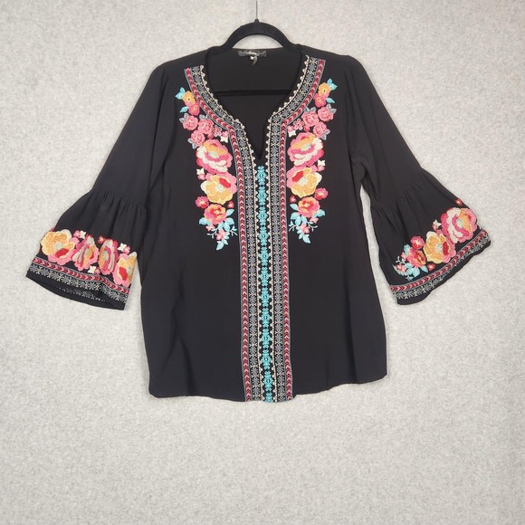 ANDREE BY UNIT Tops - Andree by‎ Unit Blouse Womens Medium Black Embroidered Floral Boho Peasant Top